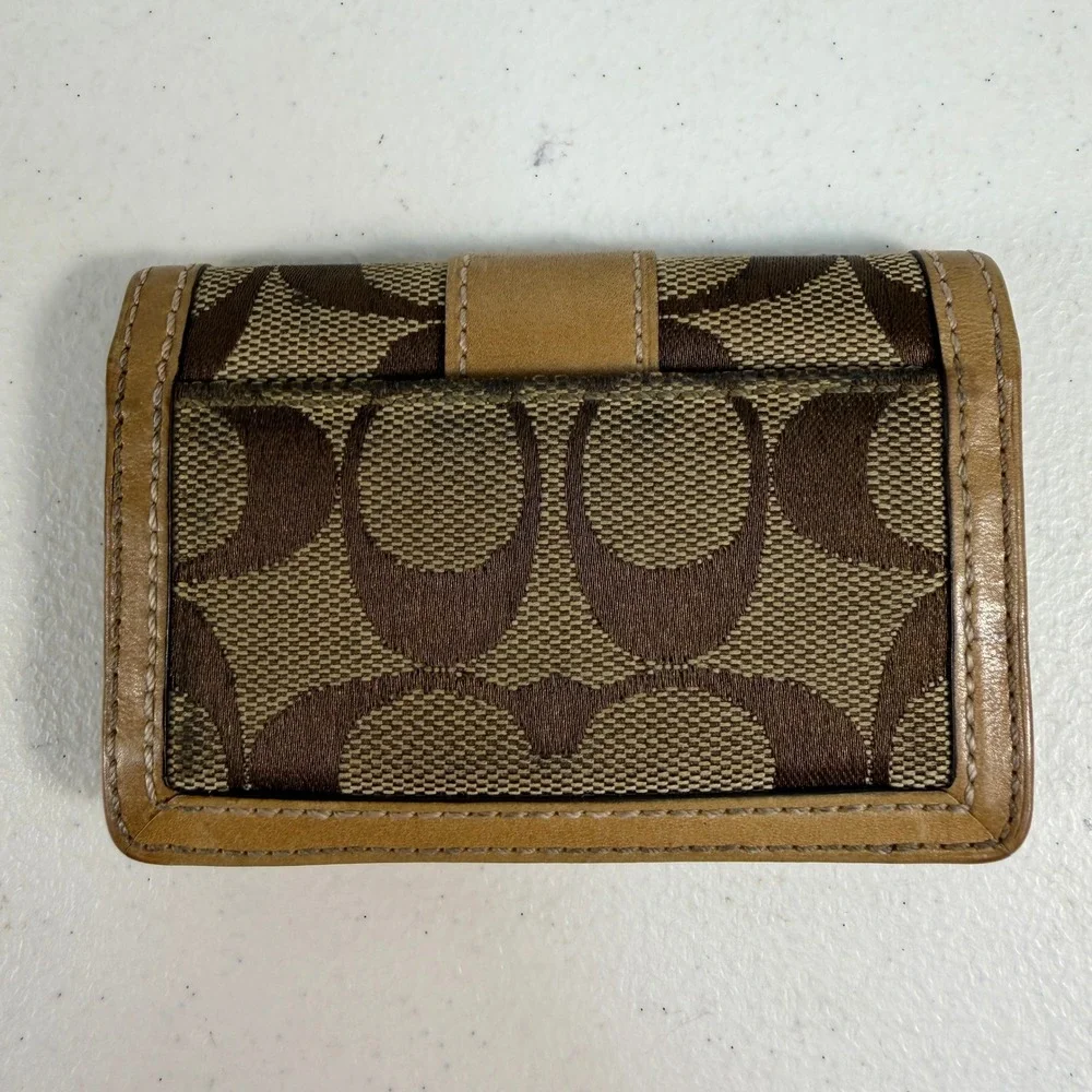 Coach Card Holder Signature Jacquard Leather Trim ID Holder Window Brown‎ Tan